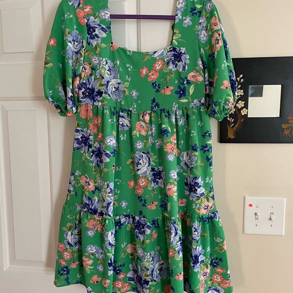 Floral Green Dress with Puff Sleeves